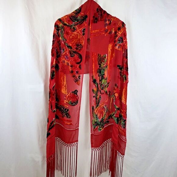 Chico's Red Silk Burnout Fringe Metallic Scarf - Picture 2 of 10
